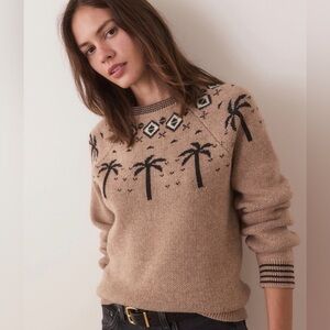 Marine Layer Archive Sweater Avalon Crewneck Palm Motif XS Palm tree Oatmeal New